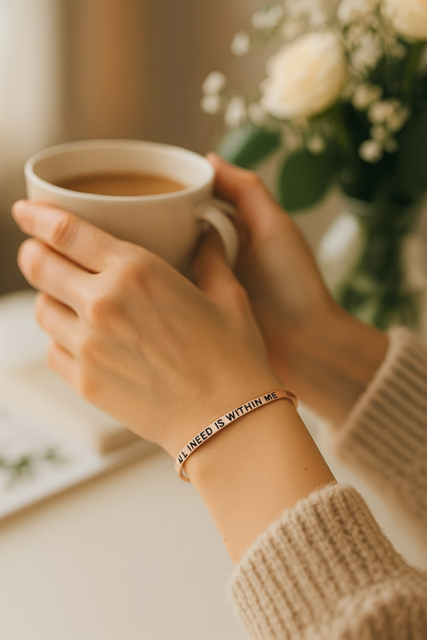 Woman wearing InnerHer bracelet in a soft morning scene